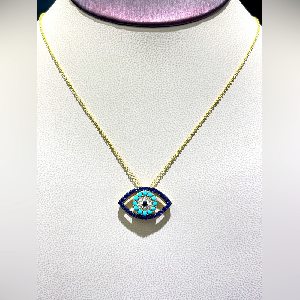 Beautiful Sapphire, Turquoise & Diamond Devil Eye Necklace In 14k